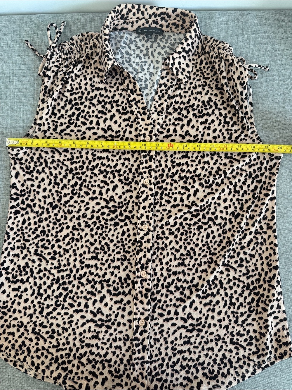 Adrianna Papell Beige and Black Leopard Print Sleeveless Button-Down Top - Picture 9 of 12